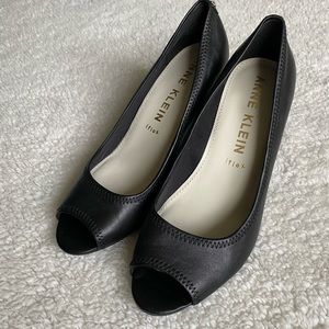 Anne Klein Black Leather Peep Toe Pumps